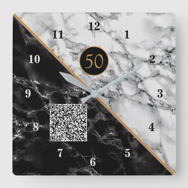 Reloj Cuadrado Anniversary Clock Your QR Code Black White Marble (Anverso)