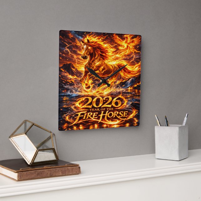 Reloj Cuadrado Año del Caballo de Fuego 2026 (Oficina)