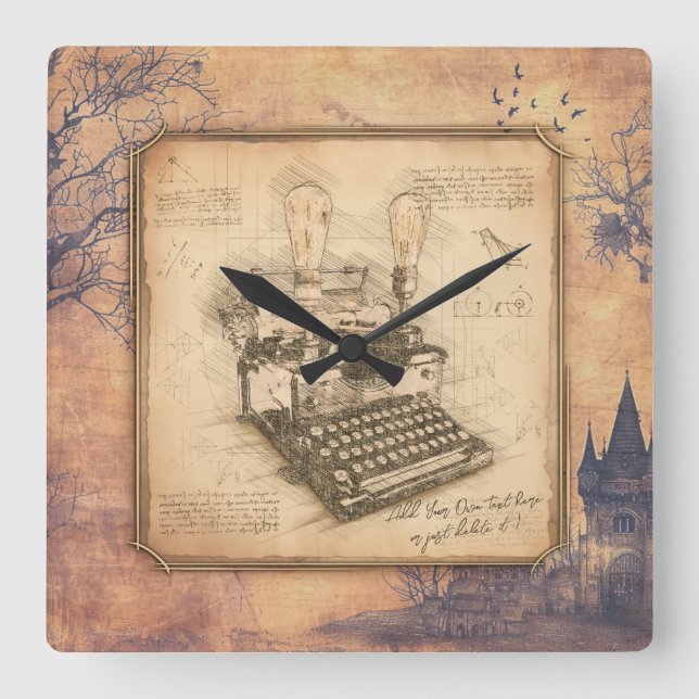 Reloj Cuadrado Antigua máquina de escribir. Regalo de autor/escri (Anverso)