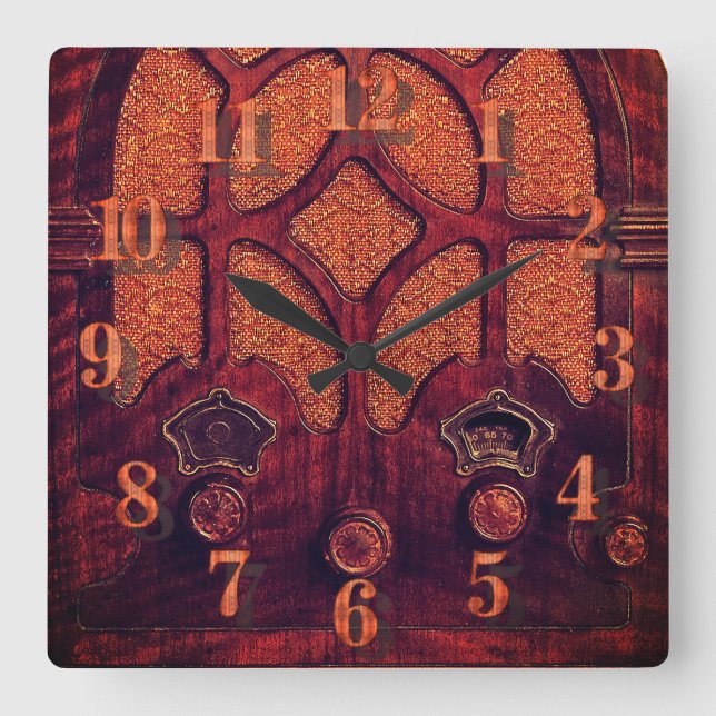 Reloj Cuadrado Antigua radio madera elegante arte deco catedral (Anverso)
