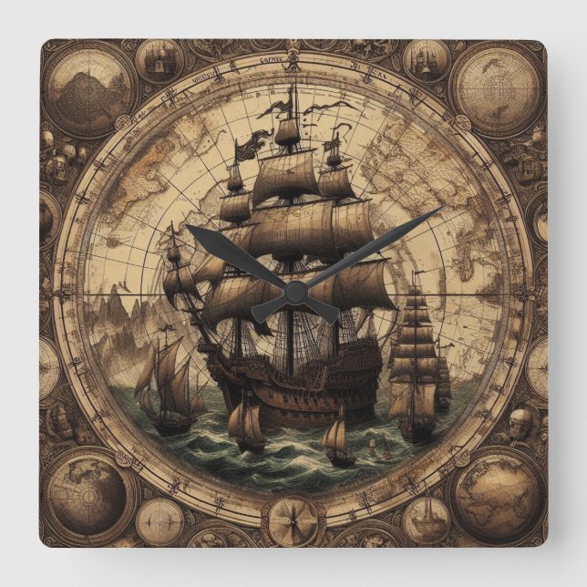 Reloj Cuadrado Antiguo barco pirata 1 (Anverso)