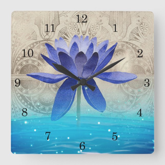 Reloj Cuadrado Antiguo poste de flores de Lotus azul y estilo egi (Anverso)