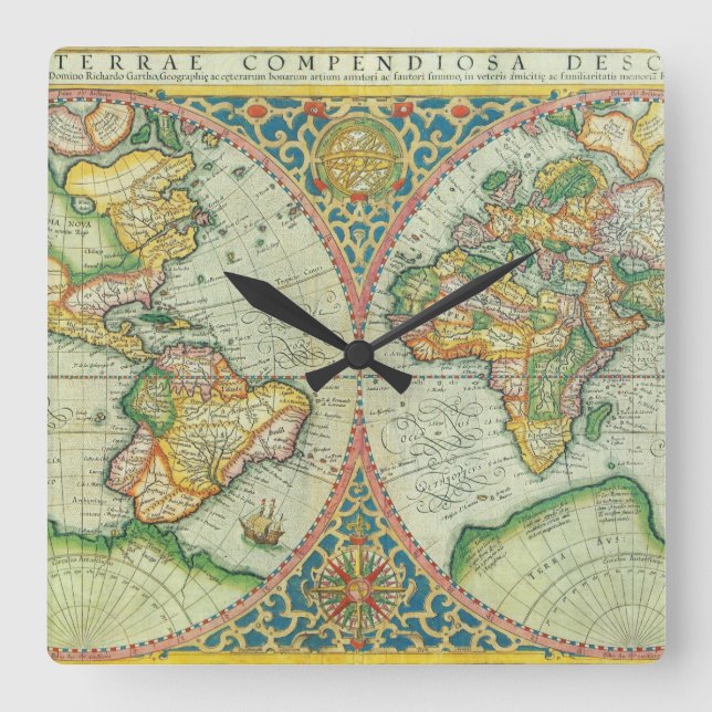 Reloj Cuadrado Antique Map of The World (Anverso)