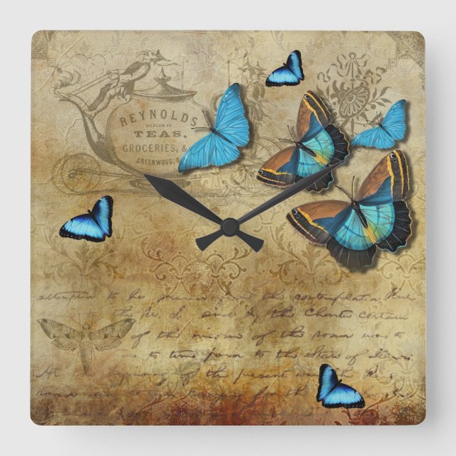 Reloj Cuadrado Antique Rustic Decoupage N Blue Butterflies (Anverso)