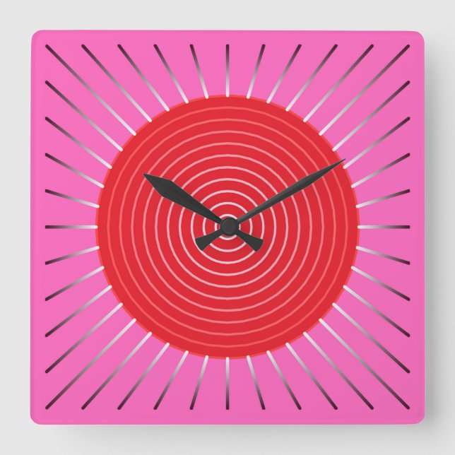 Reloj Cuadrado Aparición geométrica moderna - Fuchsia y rojo (Anverso)