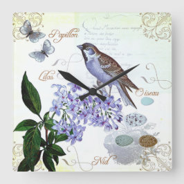 Reloj Cuadrado Apariencia vintage floral del collage del pájaro