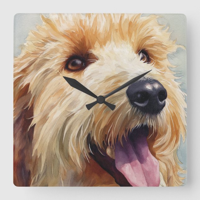 Reloj Cuadrado Apricot golden doodle watercolor (Anverso)