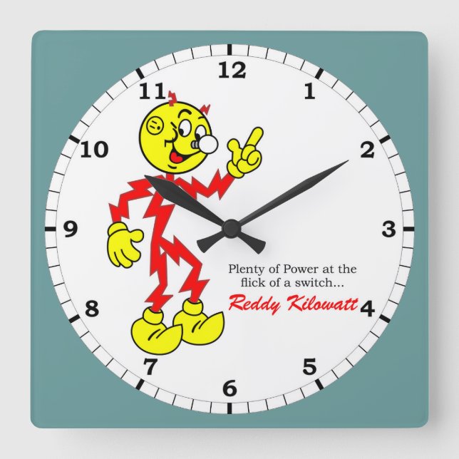 Reloj Cuadrado Apuntar Reddy Kilowatt, chocar con un switch (Anverso)