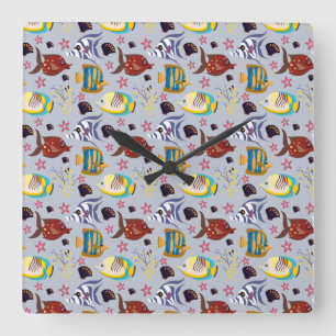 Reloj Cuadrado Aquatic animals pattern   ocean underwater life 2