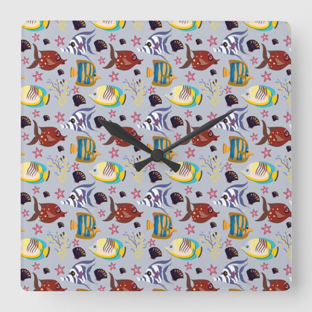 Reloj Cuadrado Aquatic animals pattern | ocean underwater life 2 (Anverso)