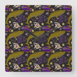 Reloj Cuadrado Aquatic animals pattern   ocean underwater life 25