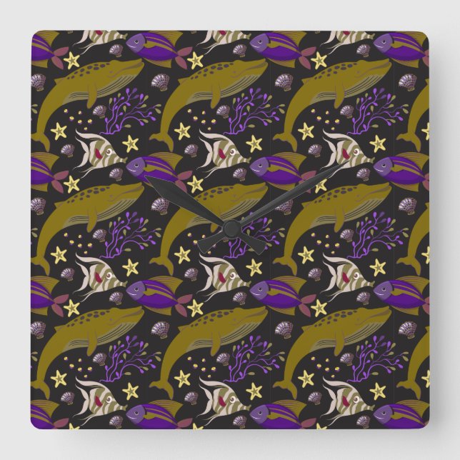 Reloj Cuadrado Aquatic animals pattern | ocean underwater life 25 (Anverso)