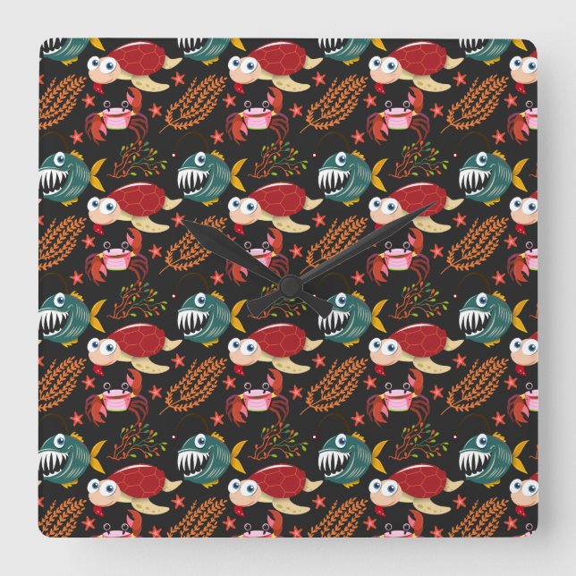 Reloj Cuadrado Aquatic animals pattern | ocean underwater life 30 (Anverso)