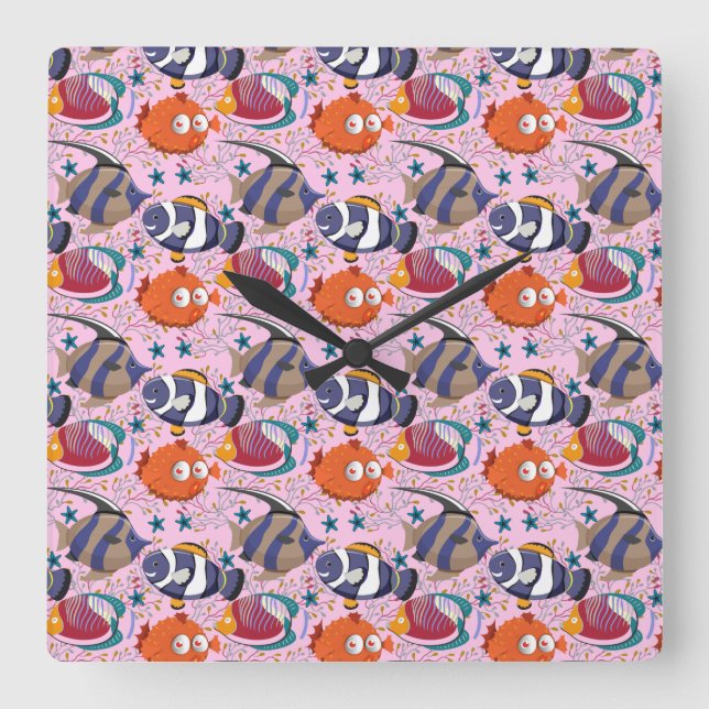 Reloj Cuadrado Aquatic animals pattern | ocean underwater life 39 (Anverso)