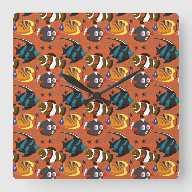 Reloj Cuadrado Aquatic animals pattern | ocean underwater life 42 (Anverso)