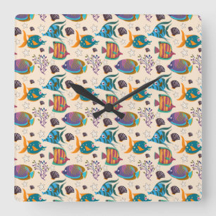 Reloj Cuadrado Aquatic animals pattern   ocean underwater life 5