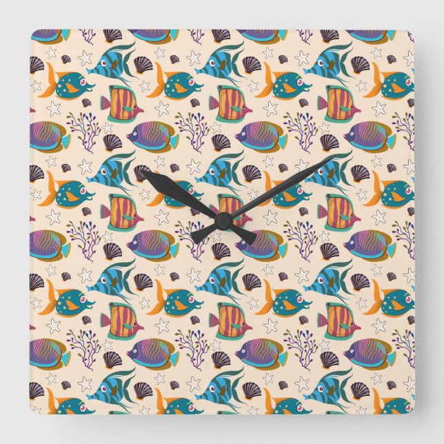 Reloj Cuadrado Aquatic animals pattern | ocean underwater life 5 (Anverso)