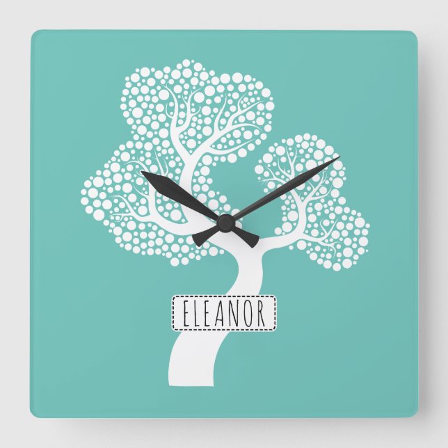 Reloj Cuadrado Árbol de círculo blanco abstracto y luz de nombre  (Anverso)