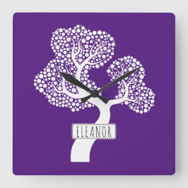 Reloj Cuadrado Árbol de círculo blanco abstracto y nombre púrpura
