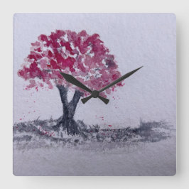Reloj Cuadrado Árbol de flor de cerezo Aquarela obra de arte orig