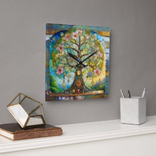 Reloj Cuadrado Árbol de la Vida Florido de 7 Chakras