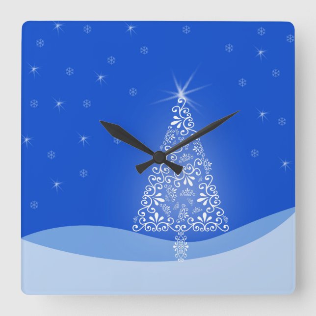 Reloj Cuadrado Árbol de Navidad Blanco Azul Estrellas Luz Nocturn (Anverso)