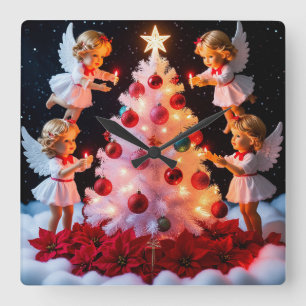 Reloj Cuadrado Árbol de Navidad Caprichoso con Figuritas de Ángel