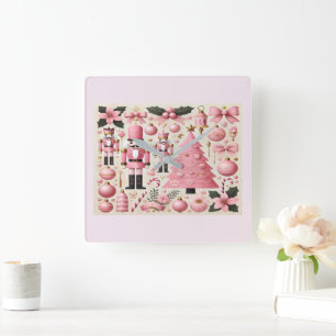 Reloj Cuadrado Árbol de Navidad Cascanueces Rosa