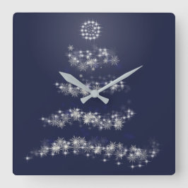 Reloj Cuadrado Árbol de navidad de plata simple en azul
