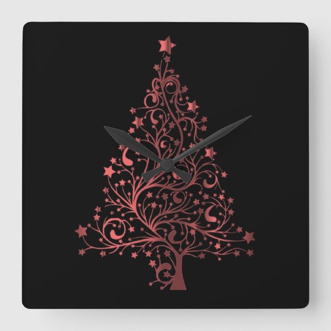 Reloj Cuadrado Árbol de Navidad elegante de Estrellas Negras Metá (Anverso)
