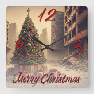 Reloj Cuadrado Árbol de Navidad entre Ruinas Feliz Navidad