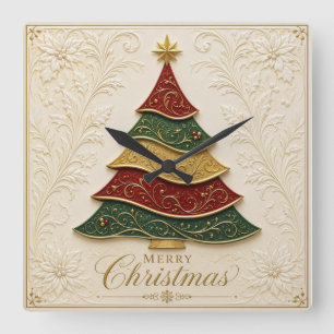Reloj Cuadrado Árbol de Navidad ornamentado en oro y esmalte