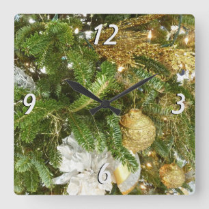 Reloj Cuadrado Árbol de Navidad plateado y dorado en vacaciones