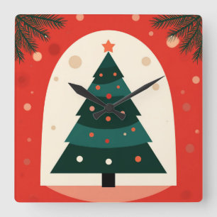 Reloj Cuadrado Árbol de Navidad verde con fiesta roja