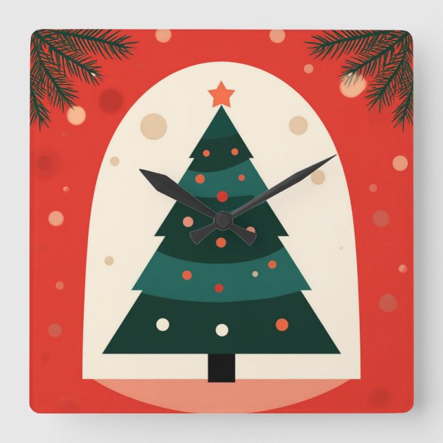 Reloj Cuadrado Árbol de Navidad verde con fiesta roja (Anverso)