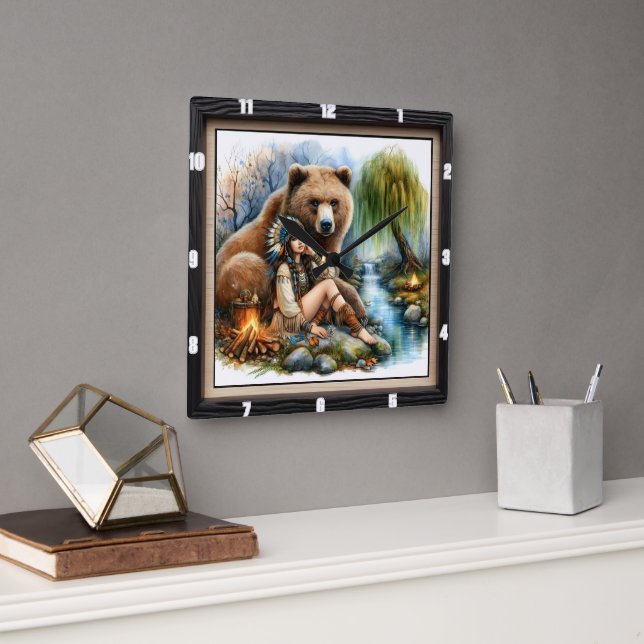 Reloj Cuadrado Árbol de oso nativo indio (Oficina)
