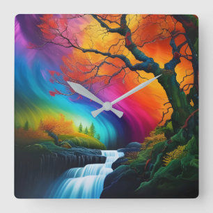 Reloj Cuadrado Árbol de otoño, cascadas de cielos arcoíris