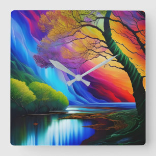 Reloj Cuadrado Árbol de otoño Rainbow Ridge aguas serenas