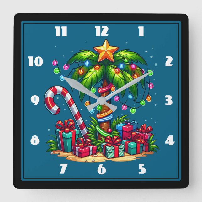 Reloj Cuadrado Árbol de palmas de Navidades tropicales (Anverso)