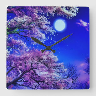 Reloj Cuadrado Árbol de primavera, luna, cielo azul.