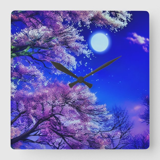 Reloj Cuadrado Árbol de primavera, luna, cielo azul. (Anverso)