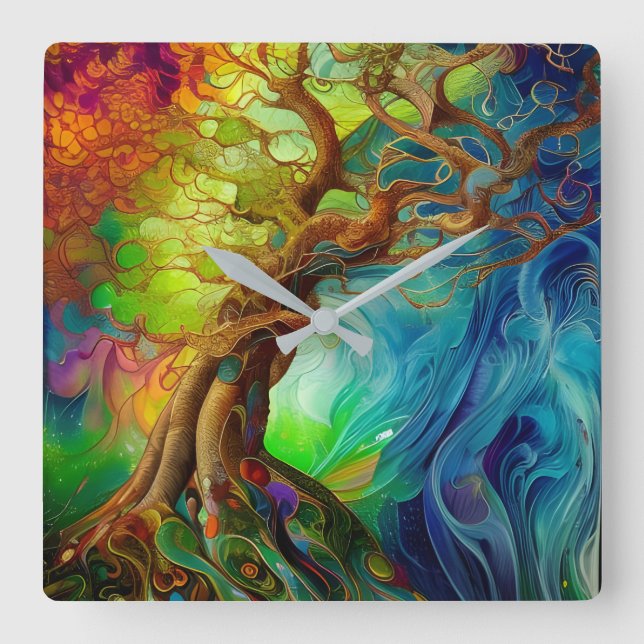 Reloj Cuadrado Árbol de vida con guijarros (Anverso)