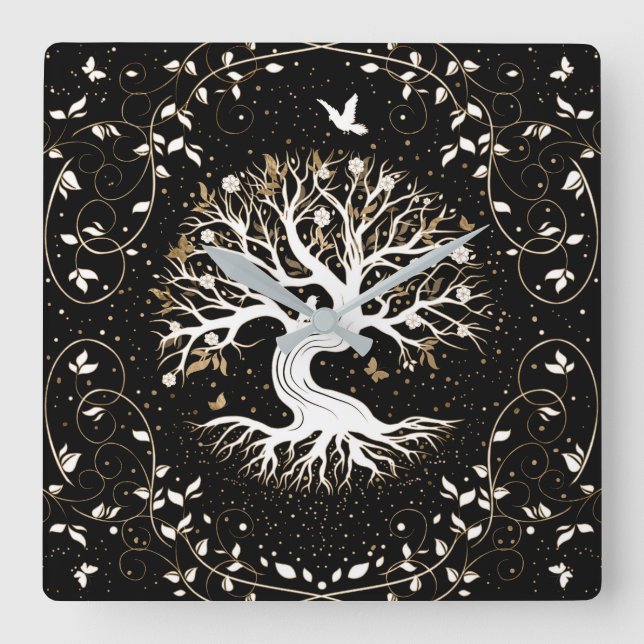 Reloj Cuadrado Árbol de vida - Yggdrasil - blanco negro y oro (Anverso)