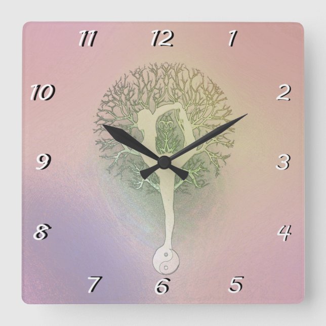 Reloj Cuadrado Árbol de yoga rosa pastel (Anverso)