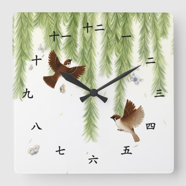 Reloj Cuadrado Árbol esparce números kanji chinos y japoneses (Anverso)