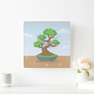 Reloj Cuadrado Árbol japonés de bonsái torcido en una mesa