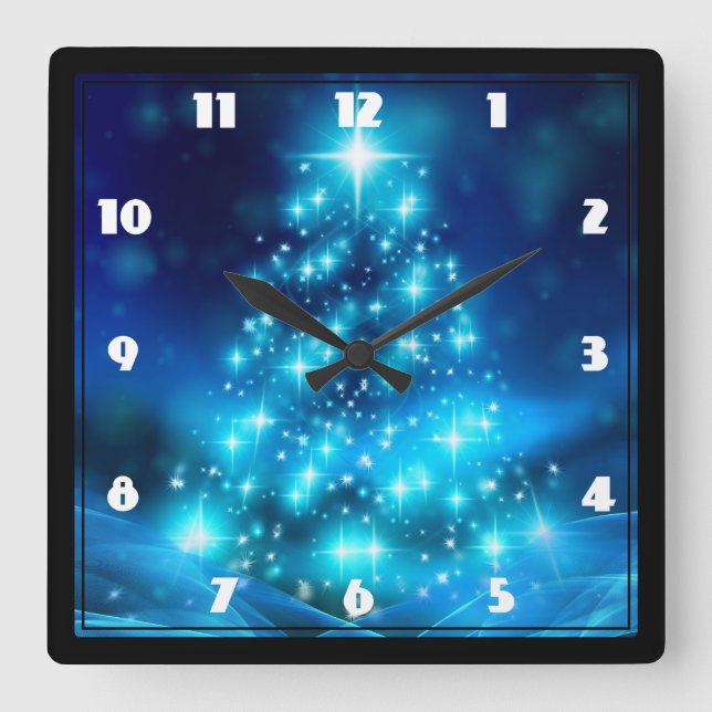 Reloj Cuadrado Árbol moderno de Navidad azul eléctrico con luces (Anverso)