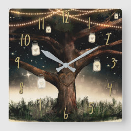 Reloj Cuadrado Árbol Rústico Nocturno con Luces y Tarros de Mason