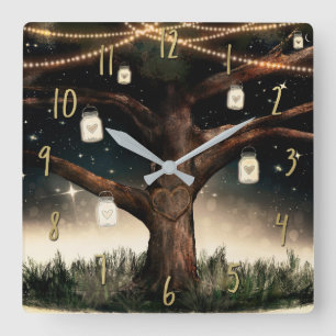 Reloj Cuadrado Árbol Rústico Nocturno con Luces y Tarros de Mason