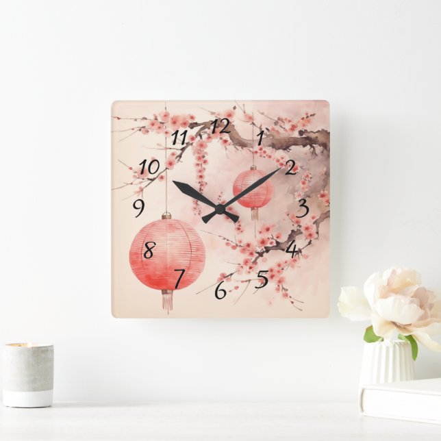Reloj Cuadrado Árbol sakura y faroles japoneses (Hogar)